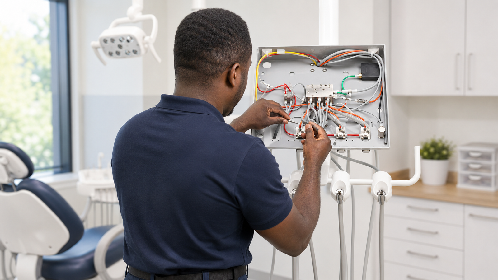 Technician repairing a dental handpiece at Apex Dental Shop